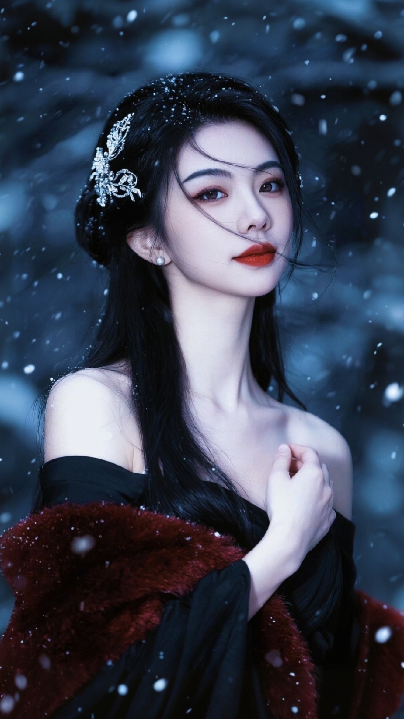 雪景黑红毛裘
